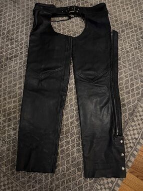 Protech Black Leather Motorcycle Chaps with Side Zipper